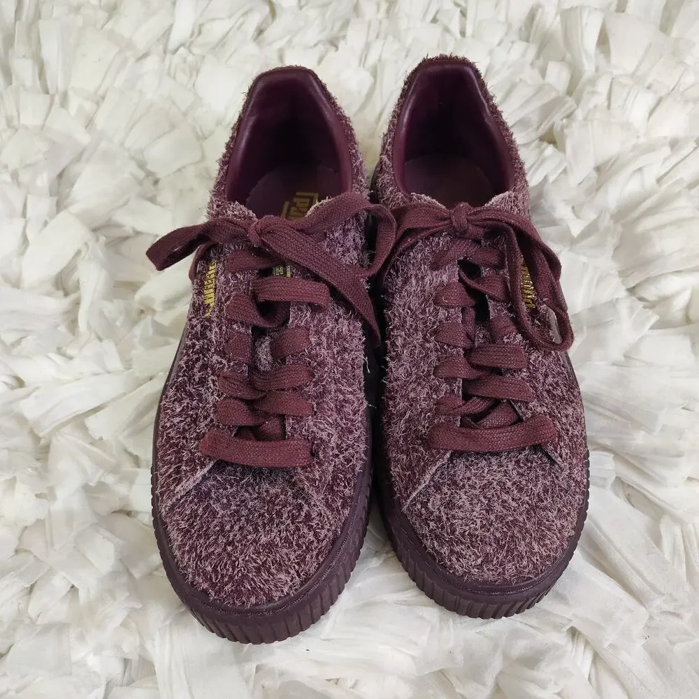 Puma Platform Shoes Womens Size 8 Purple Fuzzy Leather Low Top Sneakers